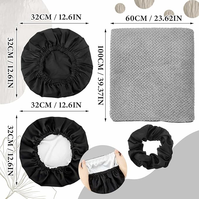 4 Pcs Microfiber Drying Hair Wrap Towels Reusable Waterproof Shower Cap with Elastic Band Adjustable Silk Hair Bonnet for Sleeping with Scrunchie for Women Christmas Favor Gifts(Black)