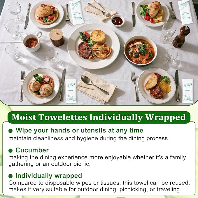 Moist Cotton Towel Bulk Moist Towelettes Individually Wrapped,White Towel Services,Refreshment Pre Moistened Towels for Dentist Travel Sport Party Hotel 50，Green tea (pack of 50, Cucumber)
