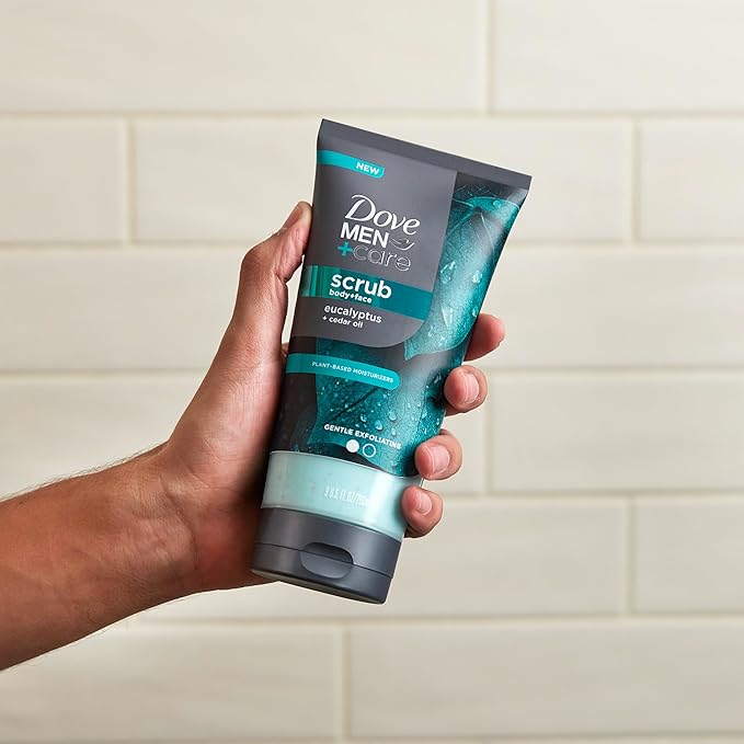 DOVE MEN + CARE Body and Face Scrub Eucalyptus Deeply Exfoliates for Hydrated & Nourished Skin 100% Gentle Cleanser, No Sulfate Cleansers or Parabens 9 oz (Pack of 4)