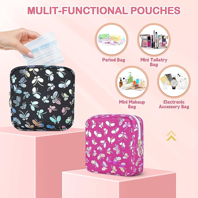 Tampon Holder for Purse, Leather Sanitary Napkin Storage Bag Period Bag Gift for Girls Women, Portable Sanitary Napkin Period Pad Pouch Tampon Bags for Purse(Rose red Butterfly)