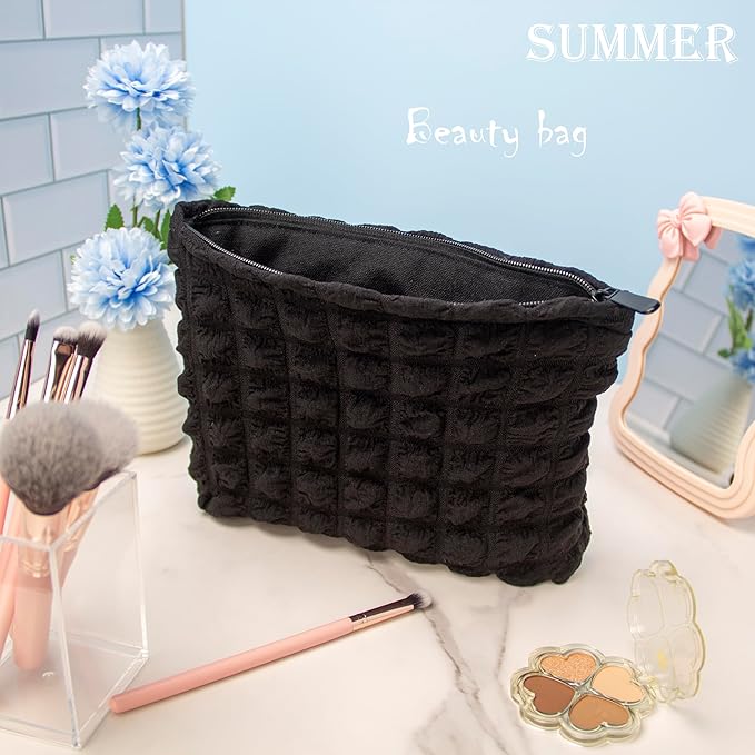 PAZIMIIK Floral Makeup Bag Large Cotton Zipper Pouch for Purse Travel Canvas Make Up Organizer for Women Cosmetic,Bubble Black