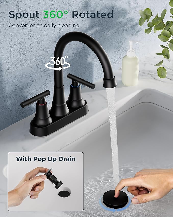 FORIOUS Matte Black Bathroom Faucets, 4 Inch Centerset Bathroom Sink Faucet 2 or 3 Hole with Pop up Drain and cUPC Hose, Two Handles Control, 360° spout for Restroom,Vanity, RV, 2 Pack
