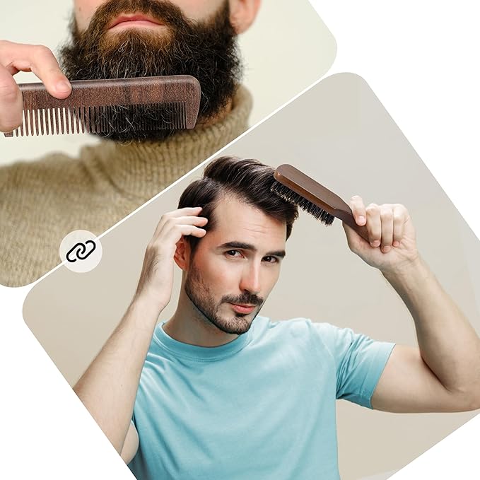 GAINWELL Mens Hair Brush Beard Comb Set, Slick Back Boar Bristle Hair Brush with Stiff Bristles for Thick Hair, Natural Black Walnut Gold Sandalwood Handle, Beard Mustache Brushes Comb Kit