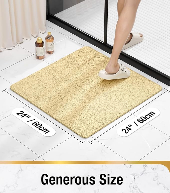 HITSLAM Square Shower Mat Non Slip, Bath Tub Mat for Textured Surface, Soft PVC Loofah Bathtub Mats Without Suction Cups, Quick Drying Shower Floor Mat, 24 x 24 Inch Bathroom Accessories, Beige
