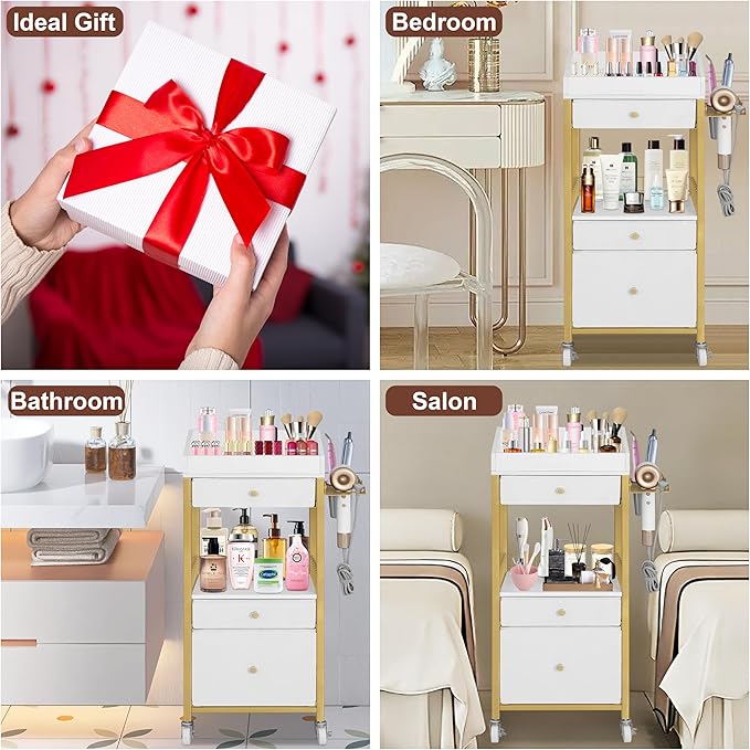 Makeup Organizer Cart with Adjustable Dividers, 3-Drawer Cosmetic Storage Cart with Lockable Wheels & Detachable Hair Tool Holder, Mobile Vanity Organizer for Small Spaces, Gold & White