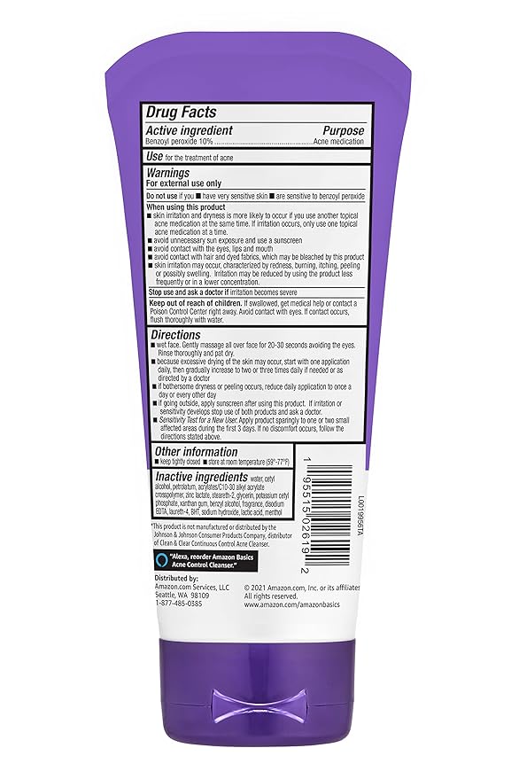 Amazon Basics Acne Treatment Face Wash - Daily Control Cleanser, Maximum Strength 10% Benzoyl Peroxide for Stubborn Breakouts, 5 Ounce