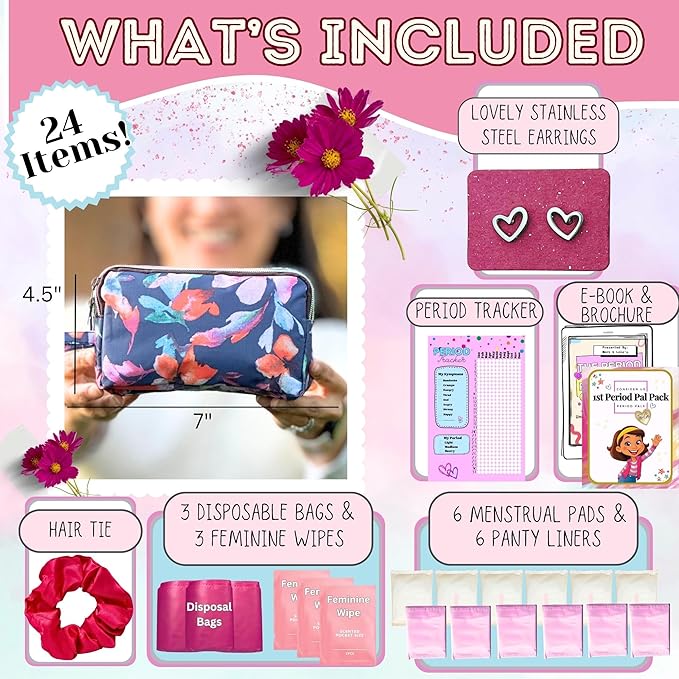 First Period Pal Pack to-Go Kit | 24 pcs | First Period Kit for Tweens | Teen Period Kit| Discrete Period Bag, Pads, Panty Liners, Period Kits for Tweens 10-12 (Gentle Flowers)