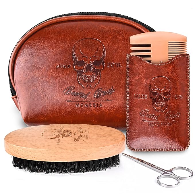 Beard Brush and Comb Set, Boar Bristle Hair Beard Brush Kit with Small Leather Travel Toiletry Bag Case for Men, Include Men's Wooden Mustache Comb & Nose Hair Scissors