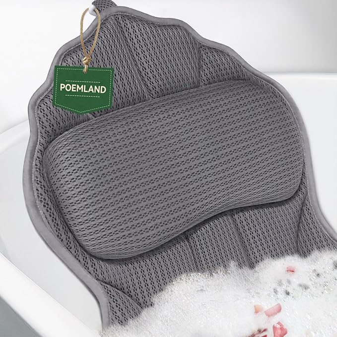 Bath Pillows for Tub, Luxury Bath Pillow Soft 4d Mesh, Bathtub Pillow with 6 Suction Cups, Ergonomic Bath Tub Pillows for Head and Neck, Bath Accessories for Women Relaxation Gifts (Grey)
