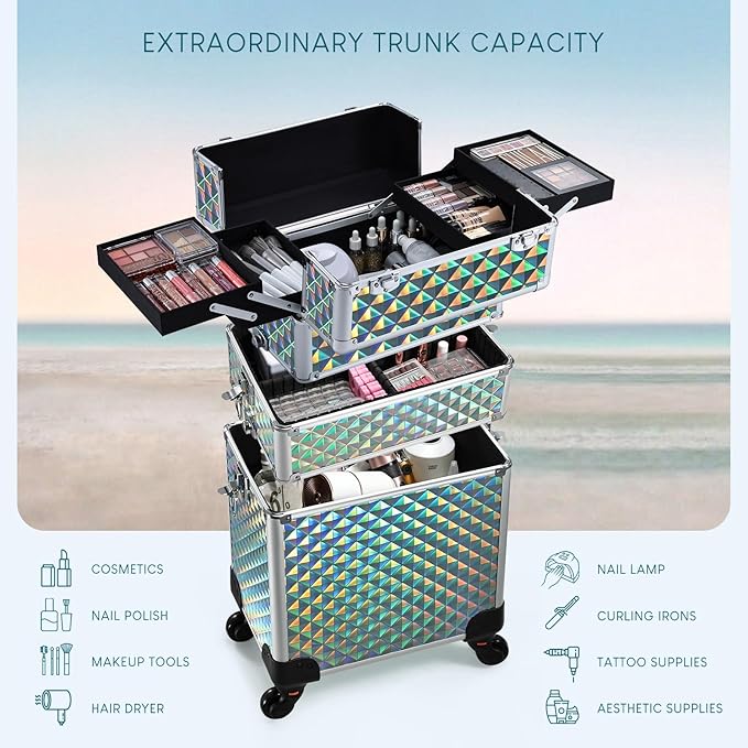 FRENESSA Rolling Makeup Case Cosmetology Case on Wheels 3 in 1 Cosmetic Trolley Large Storage Organizer Salon Barber Case Traveling Cart Trunk for Esthetician Nail Tech Mobile Stylists, Blue