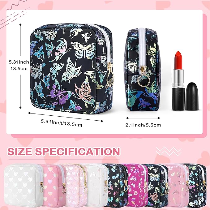 Period Bag Pouch, Leather Sanitary Napkin Storage Bag for Girls Womens, Portable Sanitary Napkin Period Pad Pouch Bag for Purse (Black-Dancing Butterfly)