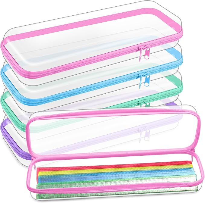 Hoolerry 4 Pcs Hard Clear Zipper Case Makeup Bags Plastic Zipper Pouch Transparent Storage Box Containers for Cosmetics, Snacks, Building Blocks, Puzzles(Clear,13.2 x 4.7 x 2.4 in,Pastel)