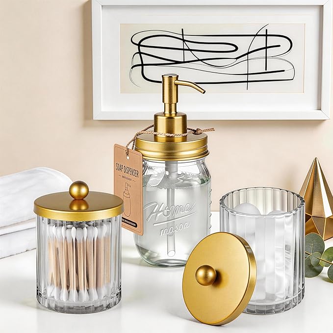 Amolliar Qtip Holder Dispenser for Bathroom, Clear Glass Canister Apothecary Jar for Cotton Swabs, Cotton Balls, Makeup Pads, Floss Picks, Container for Countertop Vanity Storage Organizer,Gold 2 Pack