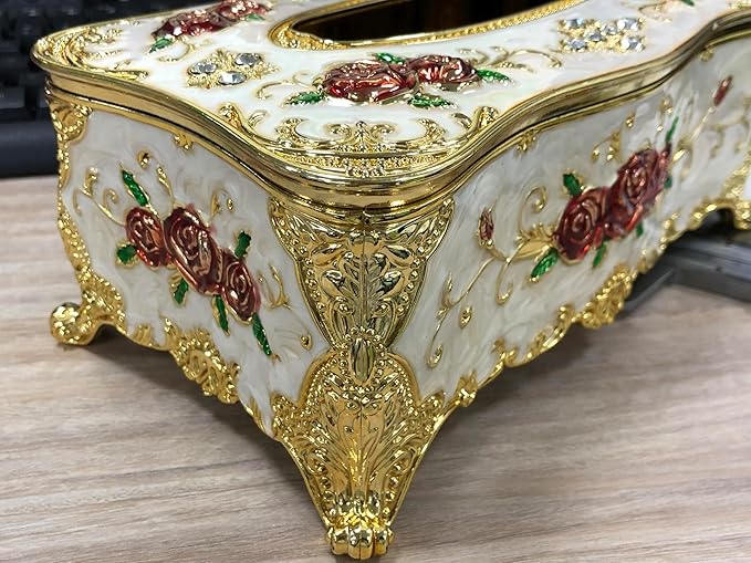 9.45"x5.43"x3.94" Luxurious Rose Tissue Box with Imitation Diamonds, Embossed Flowers, Elegant Tissue Paper Holders for Home Toilet Bath Hotel,Gold-White-red