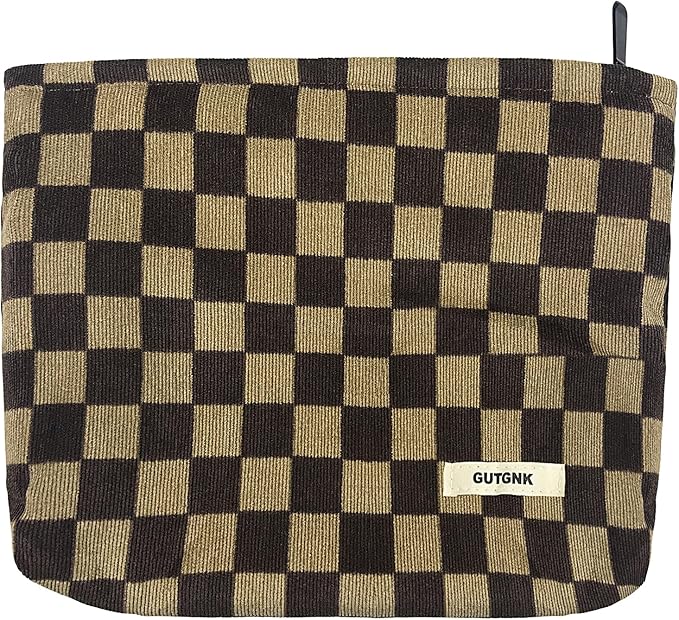 GUTGNK Women's Cosmetic Bag, Corduroy Checkerboard Travel Cosmetic Bag Small Cosmetic Bag Skin Care Cosmetic Changing Handy Bag Zipper Organizer