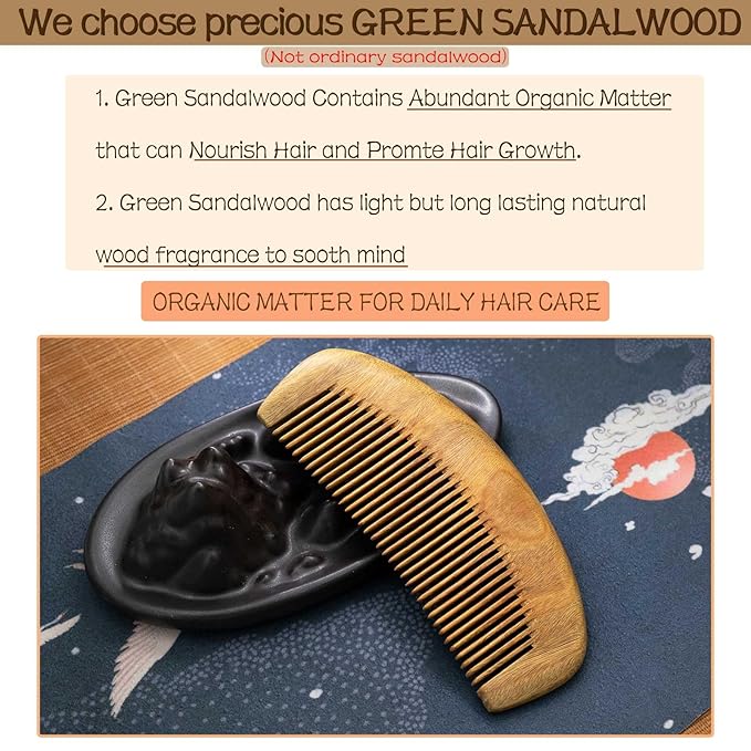 Wooden Beard Comb for Men, Fine Tooth Wooden Comb for Women - Green Sandalwood