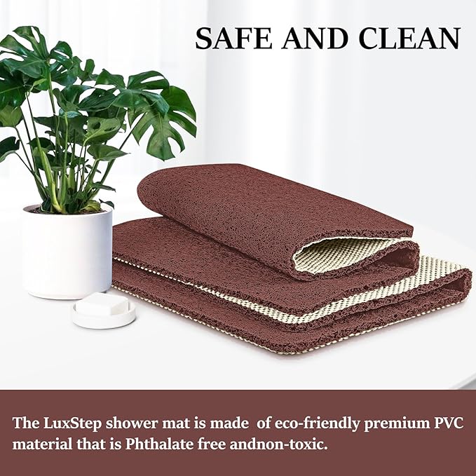 LuxStep Shower Mat Bathtub Mat,47x16 inch, Non-Slip Bath Mat with Drain, Quick Drying PVC Loofah Bathmat for Tub,Shower,Bathroom,Reddish Brown