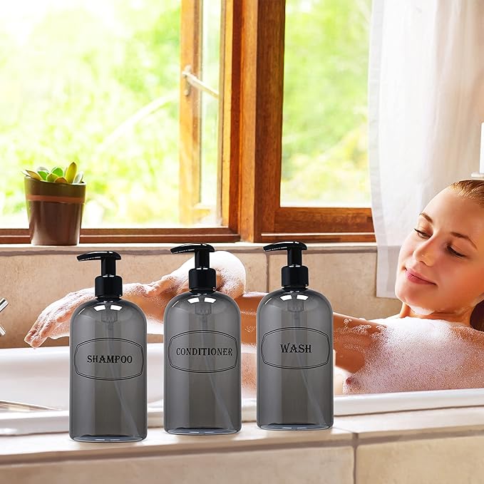 Bottiful Home-16 oz Shampoo, Conditioner, Wash Refillable Empty Plastic Pump Bottle Dispenser Set (Gray)