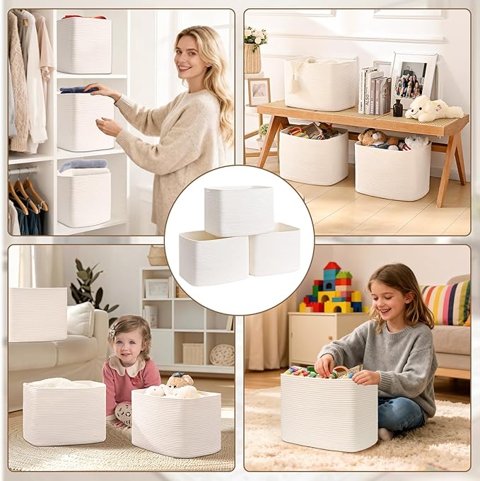 3 Pack Cube Storage Bin, 17”x12”x12” Cotton Rope Woven Baskets for Organizing Toys Clothes Towels, Square Gift Storage Baskets for Shelf, Nursery, Closet, Bathroom, Pantry (White)
