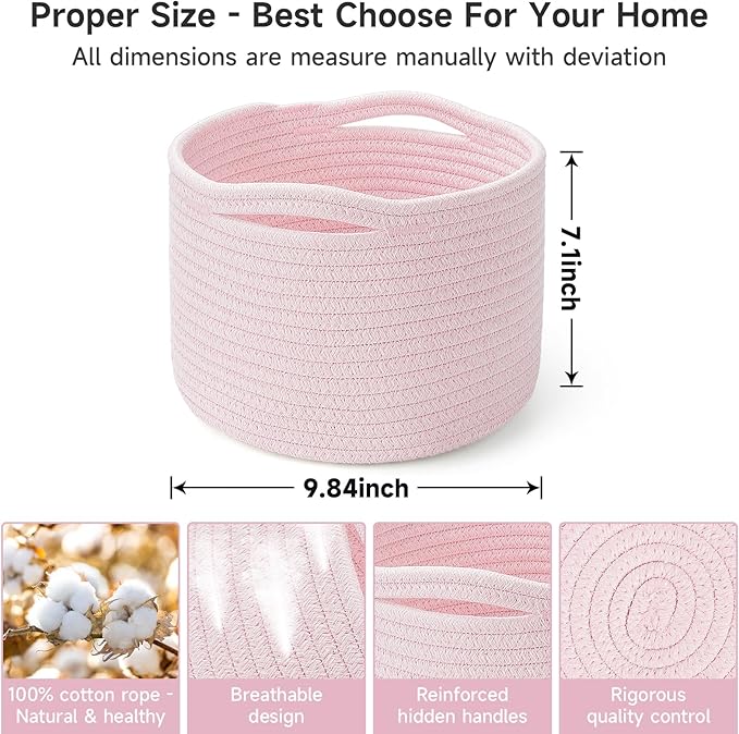 Small Rope Baskets for Storage, Baskets for Gifts Empty, Cute Round Woven Basket, Decorative Shelf Baskets 9.82×9.82×7.1", Cotton Toy Basket Storage Bins for Organizer 3 Packs-Pink