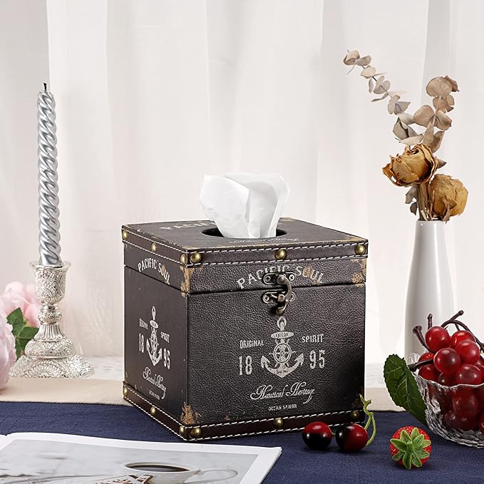 Sumnacon Retro Wood Square Tissue Box Cover - Vintage Cube Tissue Box Holder, Decorative Facial Tissue Holder for Bedroom Bathroom Dresser Night Stand Table Car Store Office Home Decor, Brown