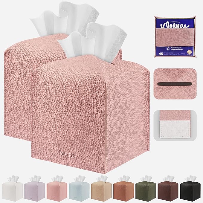 Tissue Box Cover Holder Square Tissue Cube Cover PU Leather Tissue Organizer with Bottom Belt for Bathroom, Tabletop, Car, Night Stands, Office, Home, Kitchen (2, PrettyPink)