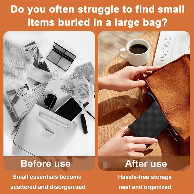 4Pcs Small Makeup Bag for Purse, Mini Checkered Leather Purse Pouches for Purse Small Makeup Pouch Small Coin Purse Organizer Pouches, Portable No Zipper Pocket Cosmetic Bag for Women (Black, Brown)