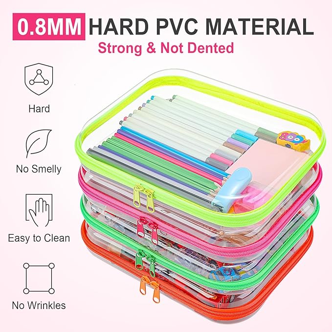 Hoolerry 4 Pcs Hard Clear Zipper Case Makeup Bags Plastic Zipper Pouch Transparent Storage Box Containers for Cosmetics, Snacks, Building Blocks, Puzzles(Clear,9.8 x 7.9 x 2 in,Fluorescent)