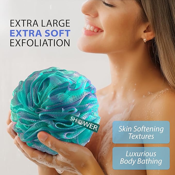 SHOWER BOUQUET Loofah-Bath-Sponge XL Swirl-Mix-Color 4-Pack // Extra-Large 75g Mesh Luffa Loofa Loufa Puff Pouf Set/Exfoliating Body Scrubber for Women and Men - Exfoliate & Soothe Face & Body