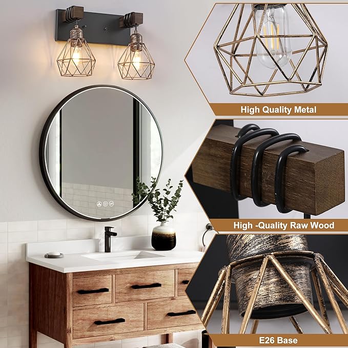 Farmhouse Bathroom Vanity Light Fixtures, 2-Light Wood Bathroom Light Fixtures Over Mirror, Rustic Sconces Wall Lighting with Elegant Metal Lampshade for Living Room, Bedroom, Hallway