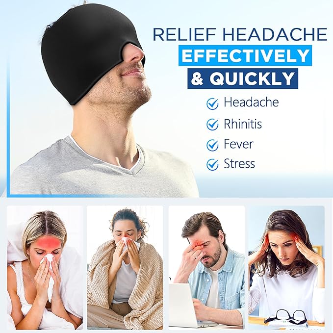 Migraine Relief Cap, Headache Relief Hat for Migraine Cap, Hot and Cold Therapy, Headache Eyes Mask for Stress Relief, Ice Pack Head Wrap for Sinus, Puffy Eyes, Tension,Black
