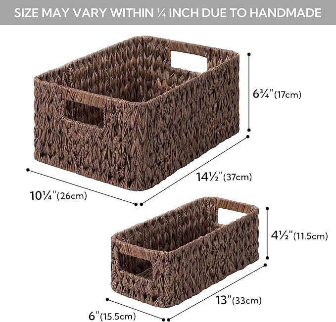 GRANNY SAYS Storage Baskets for Shelves, Waterproof Basket Set for Organizing, Toilet Wicker Basket Tank Topper, Wicker Baskets with Handles, Dark Brown, 3-Pack