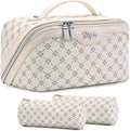BOYATU Travel Makeup Bag Cosmetic Bags for Women: 3 Pcs Set Large Capacity Make up Bag with Handle - Vegan Leather Toiletry Bags with Compartments - Makeup Organizer for Travel Essentials(A-8-White)