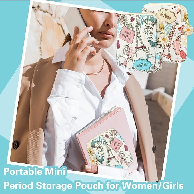Amabro Sanitary Napkin Storage Bag, 2PCS Period Bags Cute Sanitary Pad Storage Pouch Tampon Pantyliners Menstrual Purse Daisy Zipper for Women Teen Girls School Travel Feminine Product(Tower)