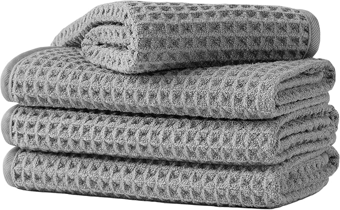 Microfiber Waffle Face Towels, 4 Pieces, Soft, Absorbent, Fast Drying, Lint Free 430 GSM (Gray)