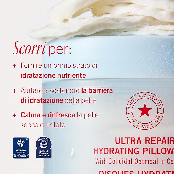 First Aid Beauty Ultra Repair Hydrating Pillow Pads - Soothing & Hydrating Face Pads with Colloidal Oatmeal & Ceramides, for Dry & Sensitive Skin, 60-Count