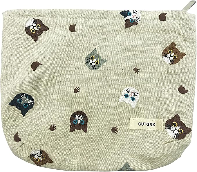 GUTGNK Corduroy Ladies Cosmetic Bag, Large Capacity Canvas Cosmetic Bag Travel Toiletry Bag Accessories Organizer, White Cat