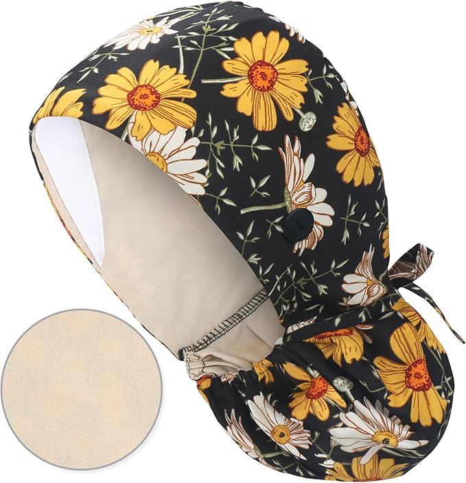 QBA Adjustable Working Cap with Button, Satin-Lined Hat, Cotton Working Hat Sweatband, Elastic Tie Back Hats Unisex