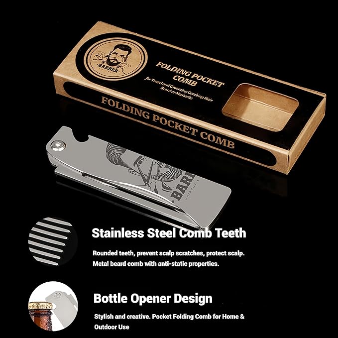 Metal Hair & Beard & Mustache Comb, Multifunctional Folding EDC Pocket Comb With Bottle Opener - Anti-Static for Travel and Everyday Grooming Styling - Silver