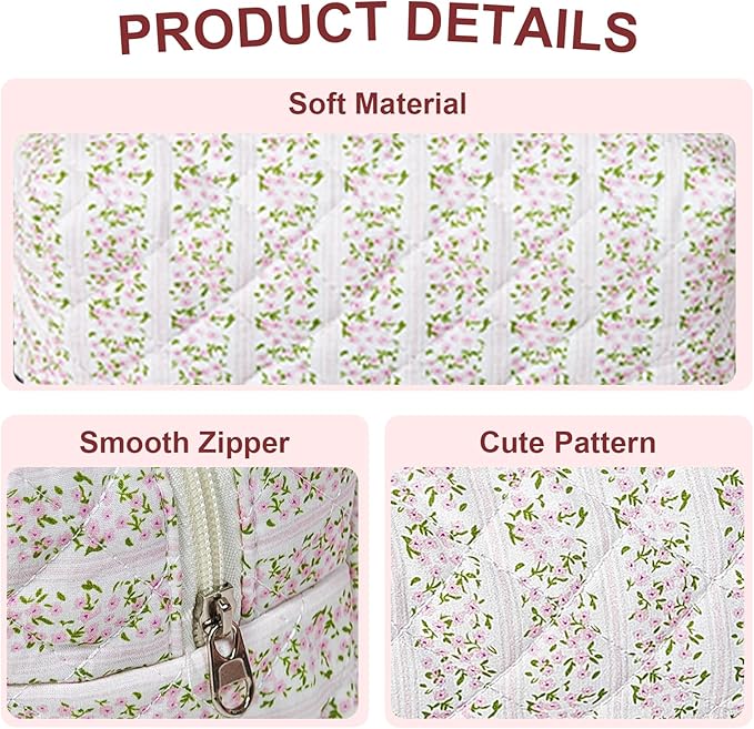 Quilted Makeup Bag Floral Cotton Make up Bag Puffy Coquette Makeup pouch Aesthetic Cute Travel Toiletry Bag for Women Girls