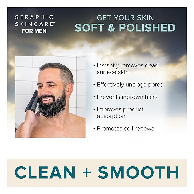 Seraphic Skincare Men Ultimate Exfoliating Facial Mitt – 100% Vegan Dual-Sided Face Mitten with Viscose & Washcloth – Facial Scrub Pad for Gentle Cleansing & Exfoliation – Natural Dead Skin Remover