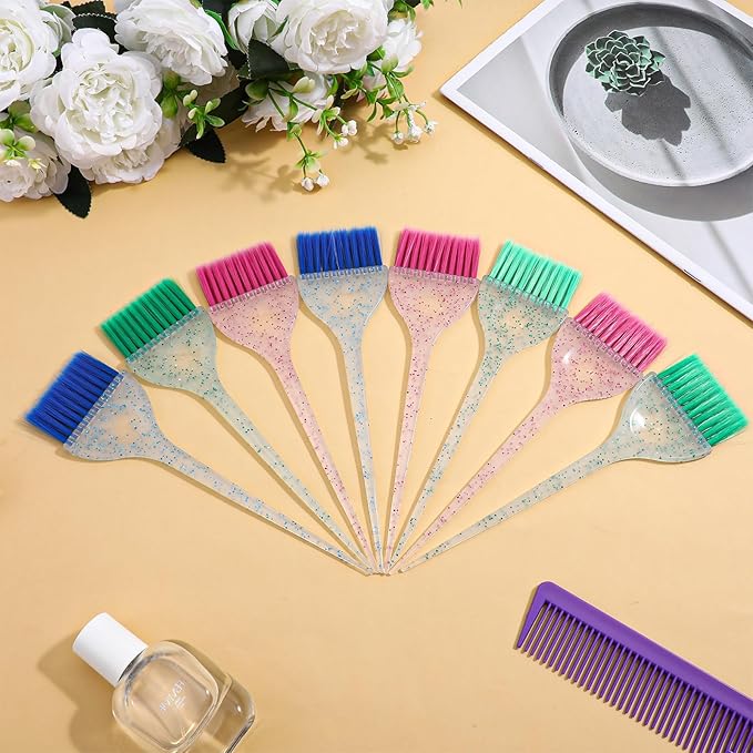 9pcs Color Brushes for Hair Stylist Hair Color Brushes with Glitter Handles, 8.5 X 2.2 In Hairs Dye Brush for Highlighting, Tint and Coloring Hairs Section, Salon Use Home DIY, 3 Colors