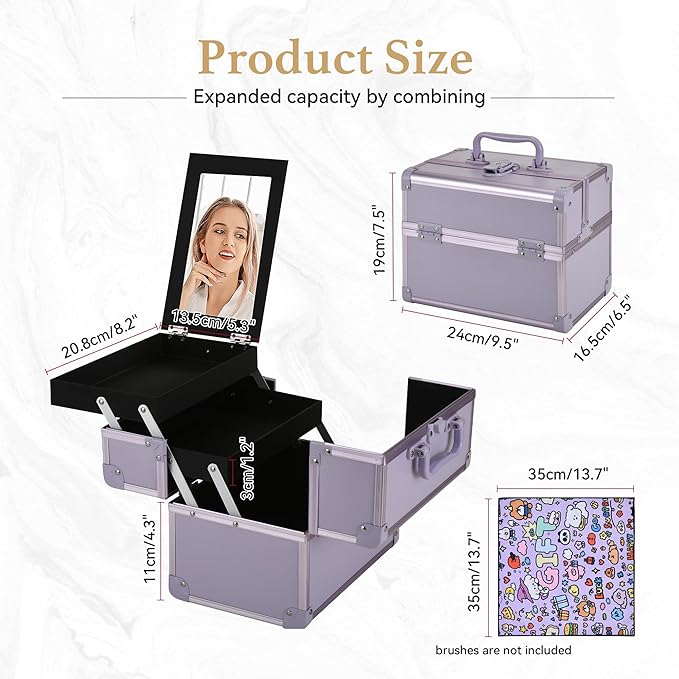 Makeup Train Case, Portable Makeup Case with Mirror, 2-Trays Cosmetic Organizer Case,Nail Polish Organizer, Travel Makeup Box, Profesional for Salon Barber, Purple