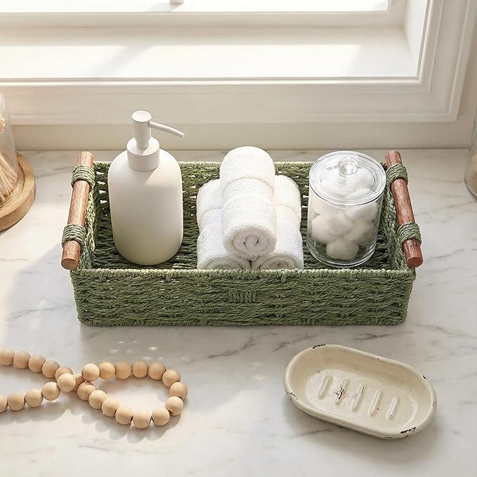 Back of Toilet Basket, Green Wicker Toilet Tank Basket for Toilet Paper Storage, Basket for Toilet Tank Top, Fresh Bathroom Organizer for Wipes & Essentials