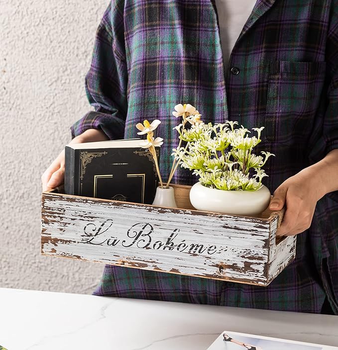 TIMRIS Farmhouse Distressed Wooden Storage Box, Rustic Bathroom Decor Box, Decorative Toilet Tank Basket, Vintage Countertop Organizer Box with Handles (Distressed White)