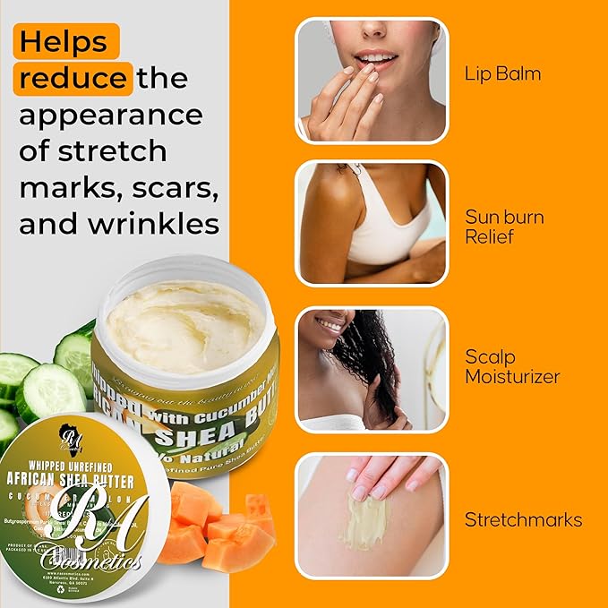 RA COSMETICS Whipped Shea Butter with Cucumber-Melon Extract – 100% Unrefined Shea Body Butter from Ghana – Moisturizes Skin, Nourishes & Conditions Hair – Softens and Smooth Lips, Hands & Feet – 12oz