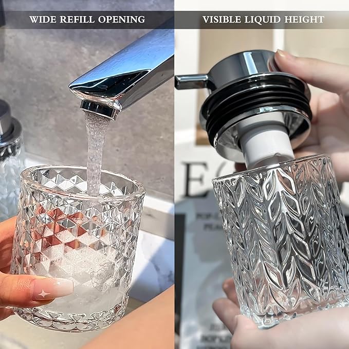 Foaming Hand Soap Dispenser, Glass Foam Soap Dispenser or Lotion Dispenser for Kitchen & Bathroom Refillable Clear Glass Liquid soap Dispenser with Large Silver Pump-1 Pack