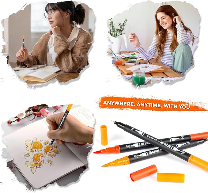 Orange Duo Tip Marker Pens, 12 Pack Fine & Brush Markers for Adult Coloring Books No Bleeding, Sunset Orange Markers for Autumn Scenes, Citrus Fruits, Vibrant Fills and Energetic Artworks