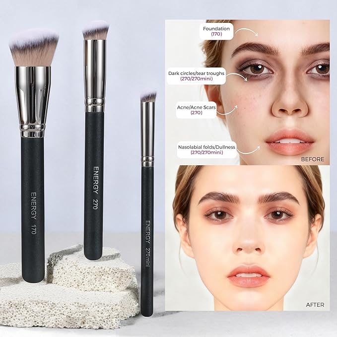 ENERGY Makeup Brush Set Professional 3pcs Foundation Concealer Detail Brushes Soft Synthetic Bristles Vegan Face Makeup Brushes for Liquid Cream Powder Flawless Blending Buffing with Travel Case