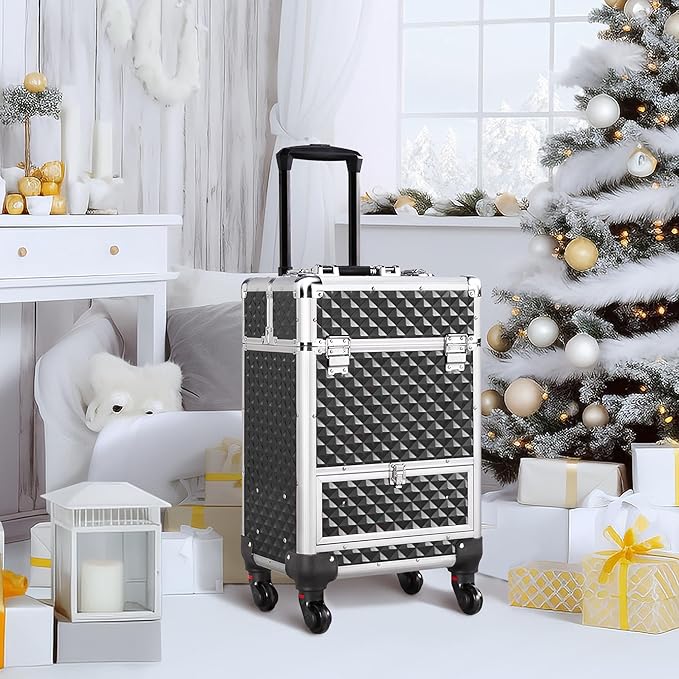 Yaheetech Rolling Makeup Train Case Aluminum Cosmetic Case with Wheels Barber Case Salon Lockable Travel Trolley with Sliding Drawers Removable Divider, Black/Silver